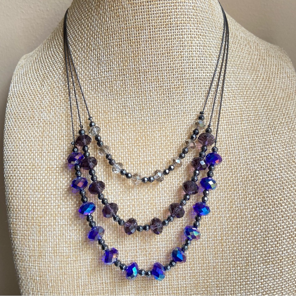 New York & Company multilayer gunmetal chains crystal beads in blue gray clear